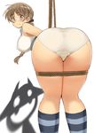  animal_ears ass bare_shoulders bdsm blue_eyes blush bondage bound braid breasts brown_hair glastonbury1966 kneehighs large_breasts long_hair looking_at_viewer looking_back lynette_bishop panties silhouette_demon single_braid solo strike_witches striped sweat underwear world_witches_series 