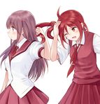  blush brown_hair hair_grab highres long_hair maya_yukiko multiple_girls one_eye_closed open_mouth red_eyes saki school_uniform shishihara_sawaya short_hair skirt suzushiro_yukari sweater_vest usuzan_school_uniform wince yuri 