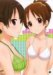  absurdres arm_behind_back bikini blush breasts brown_eyes brown_hair cleavage collarbone ha-ru hair_ribbon halterneck highres hirasawa_ui k-on! medium_breasts multiple_girls navel ponytail profile ribbon short_hair smile strap_gap suzuki_jun swimsuit 