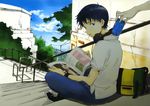  bag black_hair blue_eyes can drink hayashi_akemi headphones ikari_shinji neon_genesis_evangelion official_art rebuild_of_evangelion sitting stairs 