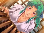  1girl blush box breasts cleavage donation_box game_cg green_hair hazuki_(artist) japanese_clothes kimono large_breasts long_hair looking_at_viewer miko open_mouth ponytail red_eyes solo tan yomibito_shirazu 