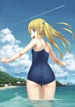  ass beach blonde_hair blue_eyes competition_school_swimsuit condensation_trail day eichisu from_behind highres long_hair looking_back ocean one-piece_swimsuit original outdoors school_swimsuit solo swimsuit wading water 