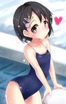  :3 black_hair blush brown_eyes bunny_hair_ornament competition_school_swimsuit hair_ornament hairclip heart heart-shaped_pupils highres idolmaster idolmaster_cinderella_girls looking_at_viewer natsu_(anta_tte_hitoha) one-piece_swimsuit sasaki_chie school_swimsuit short_hair smile solo swimsuit symbol-shaped_pupils wet 