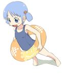  :d armpits bangs barefoot blue_eyes blue_hair blue_swimsuit blush checkered dutch_angle flat_chest from_above full_body hair_ornament happy holding inflatable_toy legs_apart looking_to_the_side naganohara_mio nichijou no_nose one-piece_swimsuit open_mouth parted_bangs school_swimsuit shadow short_hair short_twintails sidelocks simple_background smile smiley_face solo standing sun_print swimsuit tomboo transparent twintails white_background 