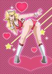  ;) ass bent_over blonde_hair boobies_uniform breasts choker cleavage crop_top finger_to_mouth from_behind front-tie_top hairband honey_(space_dandy) karoll_ann large_breasts long_hair looking_at_viewer one_eye_closed pigeon-toed red_eyes short_shorts shorts smile socks solo space_dandy standing wrist_cuffs 