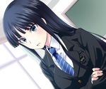  black_hair breasts crossed_arms green_eyes long_hair medium_breasts necktie sakayama_shinta school_uniform solo touma_kazusa white_album_2 