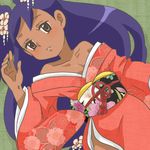  blush brown_eyes dark_skin flower iris_(pokemon) japanese_clothes kimono kurumi_(forte) long_hair lowres obi pokemon pokemon_(anime) purple_hair sash 