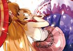 back bare_back chain fang flower hair_flower hair_ornament horns ibuki_suika long_hair looking_at_viewer looking_back nishiuri open_mouth orange_hair oriental_umbrella petals pointy_ears red_eyes skirt smile solo touhou umbrella 