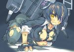  all_fours black_hair breasts checkered checkered_neckwear clenched_teeth damaged eyepatch fingerless_gloves gloves headgear itsumo_nokoru kantai_collection large_breasts looking_at_viewer machinery necktie short_hair solo sweatdrop teeth tenryuu_(kantai_collection) thighhighs torn_clothes turret yellow_eyes 