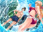  1boy 1girl ass bare_shoulders bikini black_hair blonde_hair breasts cloud clouds eyes_closed forest game_cg hair_ribbon hand_on_hip happy hazuki_(artist) legs long_hair medium_breasts nature open_mouth ribbon river short_hair shorts sky smile standing swimsuit thighs tree trees tsuzurawara_tsumugi water wet yomibito_shirazu 