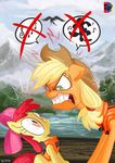  angry apple_bloom_(mlp) applejack_(mlp) avian bird blonde_hair bush clenched_teeth cowboy_hat duo eagle equine female fire freckles friendship_is_magic grass green_eyes hair hat horse jowybean life_jacket mammal mountain musical_note my_little_pony outside pink_eyes pony red_hair river sibling sisters slenderman teeth 