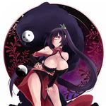  1girl arakune arc_system_works bare_shoulders black_hair blazblue bra breasts cleavage cleavage_cutout glasses huge_breasts kamashy litchi_faye_ling long_hair mask monster ponytail underwear very_long_hair 