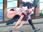  1girl bloomers blue_eyes blue_hair breasts buruma feet game_cg gym_uniform hair_ornament hazuki_(artist) huge_breasts jumping kneehighs legs long_hair looking_away open_mouth ponytail shoes sneakers socks solo speed_lines sweat thighs uwabaki vaulting_horse yomibito_shirazu 