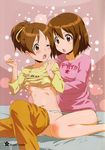  :o absurdres breast_envy breast_grab breasts brown_eyes brown_hair expressive_clothes from_behind grabbing grabbing_from_behind groping hair_ribbon highres hirasawa_ui hirasawa_yui incest k-on! medium_breasts multiple_girls navel no_bra one_eye_closed pajamas pajamas_pull panties petite ponytail ribbon shirt_lift short_hair siblings sisters sitting striped striped_panties toshi_punk underboob underwear wariza yuri 