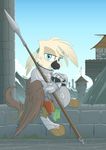  absurd_res armor avian castle equestria-prevails gryphon gun hi_res knight mountain my_little_pony polearm ranged_weapon shield spear tower weapon 
