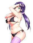  armpits arms_up bikini black_bikini blush breasts green_eyes large_breasts long_hair looking_at_viewer love_live! love_live!_school_idol_project onsoku_maru open_mouth pink_scrunchie plump purple_hair purple_legwear scrunchie side-tie_bikini simple_background skindentation solo strap_gap swimsuit tareme toujou_nozomi twintails 