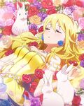  ahoge artist_request blonde_hair bunny dress earrings flower green_eyes hoshii_miki idolmaster idolmaster_(classic) idolmaster_million_live! jewelry lens_flare long_hair necklace official_art pink_flower pink_rose purple_flower purple_rose red_flower red_rose rose sleeping yellow_dress 