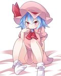  ass blue_hair bobby_socks brooch commentary_request hat hat_ribbon jewelry looking_at_viewer mob_cap pink_eyes pink_skirt puffy_sleeves remilia_scarlet ribbon short_sleeves sitting skirt smile socks solo touhou yuuki_(yuyuki000) 