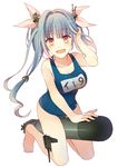  blue_hair breasts cannon hair_ribbon i-19_(kantai_collection) kantai_collection long_hair medium_breasts name_tag ohashi0 one-piece_swimsuit open_mouth red_eyes ribbon school_swimsuit smile solo swimsuit torpedo twintails 