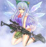  ahoge alternate_hair_length alternate_hairstyle bare_legs bipod blue_eyes blue_hair blush boots bow breasts cirno commentary_request em_s fn_minimi gloves green_gloves gun hair_bow highres ice ice_wings looking_at_viewer machine_gun medium_breasts open_mouth scope short_sleeves solo touhou weapon wings 
