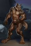  abs alpha0 anthro balls barefoot biceps big_muscles brown_eyes brown_fur brown_nose brown_penis canine claws digitigrade fangs flaccid fur grin humanoid_penis male mammal muscles night nude outside pecs penis pose presenting sheath smile solo standing teeth toe_claws toes toned uncut vein were werewolf wolf 