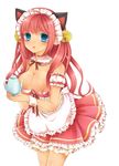  animal_ears atobesakunolove blue_eyes breasts cat_ears cleavage detached_collar dress frilled_dress frills highres large_breasts maid_headdress original pink_hair solo teapot waitress wrist_cuffs 