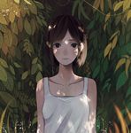  brown_eyes brown_hair collarbone dappled_sunlight leaf looking_at_viewer mole mole_under_mouth original shinobu_(kobanatu) short_hair solo sunlight 