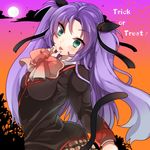  bow green_eyes halloween juri_(nattoutomato) licking little_busters! long_hair moon pink_bow plaid plaid_skirt purple_hair sasasegawa_sasami school_uniform skirt tail twintails 