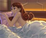  :3 aoki_hagane_no_arpeggio bad_id bad_pixiv_id bed bed_sheet blanket breasts brown_hair green_eyes hyuuga_(aoki_hagane_no_arpeggio) indoors large_breasts lying monocle naked_sheet on_bed on_stomach pillow sideboob solo under_covers yuuya_(yu-ya's) 