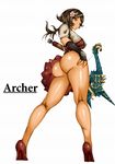  armor arrow ass bottomless bow_(weapon) breasts brown_eyes brown_hair fingerless_gloves flower gloves hair_flower hair_ornament high_heels highres japanese_armor justin_(sera_tony) kote large_breasts long_hair muneate no_panties original ponytail quiver shiny shiny_skin solo weapon 