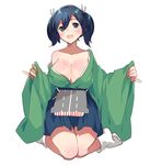  blue_eyes blue_hair blush breasts cleavage ichihaya japanese_clothes kantai_collection large_breasts off_shoulder open_mouth ribbon short_hair sitting smile solo souryuu_(kantai_collection) twintails wariza 