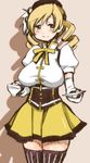  beret blonde_hair breasts brown_eyes cup drill_hair hat large_breasts light_smile long_hair looking_at_viewer mahou_shoujo_madoka_magica shadow shinama solo teacup thighhighs tomoe_mami twin_drills twintails 