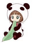  amami_haruka animal_costume aqua_eyes brown_hair chibi eating hiboshi_daizu idolmaster idolmaster_(classic) panda panda_costume ribbon sitting solo 
