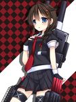  asazuki_kanai blue_eyes braid brown_hair cannon hair_ornament hair_over_shoulder hairclip kantai_collection long_hair pleated_skirt school_uniform serafuku shigure_(kantai_collection) single_braid skirt solo torpedo turret 