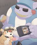  anthro balls belt black_nose blush brown_fur brown_hair camera canine clothed clothing collar cub duo eyewear feline feral fur gay goggles green_eyes hair hat japanese_text male mammal mamoru-kun overweight penis purple_fur size_difference smile stranger_(mamoru-kun) sunglasses tears text yonezmi young 