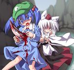  animal_ears blood blue_eyes blue_hair detached_sleeves guro hair_bobbles hair_ornament hat impaled inubashiri_momiji kawashiro_nitori kokutou_nikke md5_mismatch multiple_girls murder open_mouth red_eyes short_hair skirt spitting spitting_blood stabbed stabbing tokin_hat touhou two_side_up weapon white_hair wolf_ears 