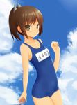  bad_id bad_pixiv_id bare_shoulders blush brown_eyes brown_hair highres i-401_(kantai_collection) kantai_collection looking_at_viewer negishio one-piece_swimsuit ponytail school_swimsuit short_hair short_ponytail smile solo swimsuit translated 