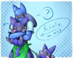  ambiguous_gender anthro anthrofied black_eyes black_fur blue_fur blush canine clothing day-t fur hug looking_at_viewer lucario mammal nintendo pok&#233;mon pok&eacute;mon riolu solo spikes video_games 