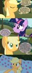  applejack_(mlp) beavernator bed blonde_hair comic cowboy_hat dialog english_text equine female forest freckles friendship_is_magic grass green_eyes hair hat horn horse lying mammal multi-colored_hair my_little_pony outside pillow pony purple_eyes text tree twilight_sparkle_(mlp) unicorn zutheskunk 