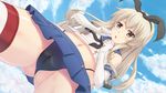  anchor black_panties blonde_hair brown_eyes cameltoe cloud day elbow_gloves fujirin gloves hairband highres kantai_collection long_hair open_mouth panties sailor_collar shimakaze_(kantai_collection) sky solo striped striped_legwear thighhighs underwear 