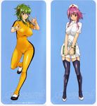  amatarou bodysuit breasts bruce_lee's_jumpsuit green_hair large_breasts long_hair multiple_girls nurse pink_hair ponytail red_eyes short_hair smile yellow_bodysuit 