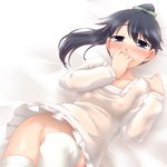  black_eyes black_hair blush bottomless breasts covered_nipples covering_mouth groin hair_ribbon houshou_(kantai_collection) kantai_collection kappougi long_hair naked_kappougi ponytail ribbon small_breasts solo thighhighs white_legwear yoshi_tama 