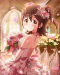  artist_request blush bouquet brown_eyes brown_hair choker church dress elbow_gloves flower from_behind gloves hair_flower hair_ornament idolmaster idolmaster_million_live! jewelry kasuga_mirai looking_back official_art one_side_up petals pink_flower pink_rose ribbon rose smile solo wedding_dress white_flower white_rose 