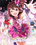  ;d artist_request bare_shoulders brown_eyes brown_hair cherry_blossoms cuff_links hair_ornament hair_ribbon hairclip idolmaster idolmaster_million_live! kasuga_mirai kitakami_reika looking_at_viewer microphone microphone_stand multiple_girls official_art one_eye_closed one_side_up open_mouth petals ribbon skirt smile wrist_cuffs yabuki_kana 