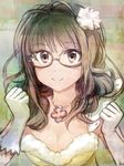 akizuki_ritsuko antenna_hair breasts brown_eyes brown_hair cleavage glasses gloves idolmaster idolmaster_(classic) jewelry looking_at_viewer luncheon_meat_umai medium_breasts necklace smile solo 