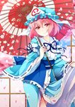  arm_garter blue_sky broken_wall cherry_blossoms day hat head_tilt japanese_clothes kimono looking_at_viewer mob_cap nekosugi_(hoshi) obi oriental_umbrella petals pink_eyes pink_hair ribbon ribbon-trimmed_collar ribbon-trimmed_sleeves ribbon_trim saigyouji_yuyuko sash short_hair skirt_hold sky smile solo touhou triangular_headpiece umbrella 