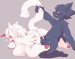  1boy 1girl breasts cat dog furry green_eyes higoro3 nipples open_mouth penis pussy red_eyes sex smile tongue uncensored white_hair 