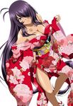  blue_eyes breasts ikkitousen japanese_clothes kan'u_unchou kanu_unchou large_breasts official_art purple_hair smile solo very_long_hair 