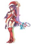  alternate_costume ass bikini blush bow breasts candy candy_cane capelet christmas co_(eselisapyon) error food full_body hat high_heels large_breasts long_hair looking_back open_mouth panties patchouli_knowledge purple_eyes purple_hair red_bikini santa_costume santa_hat solo swimsuit thighs touhou underwear very_long_hair white_background 
