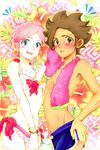  1girl bad_id bad_pixiv_id bikini blue_eyes blush bou_erika bracelet brown_eyes brown_hair earrings floral_background flower hibiscus inazuma_eleven_(series) inazuma_eleven_go inazuma_eleven_go_galaxy jewelry matatagi_hayato nozaki_sakura open_mouth pink_hair shirtless swimsuit towel 